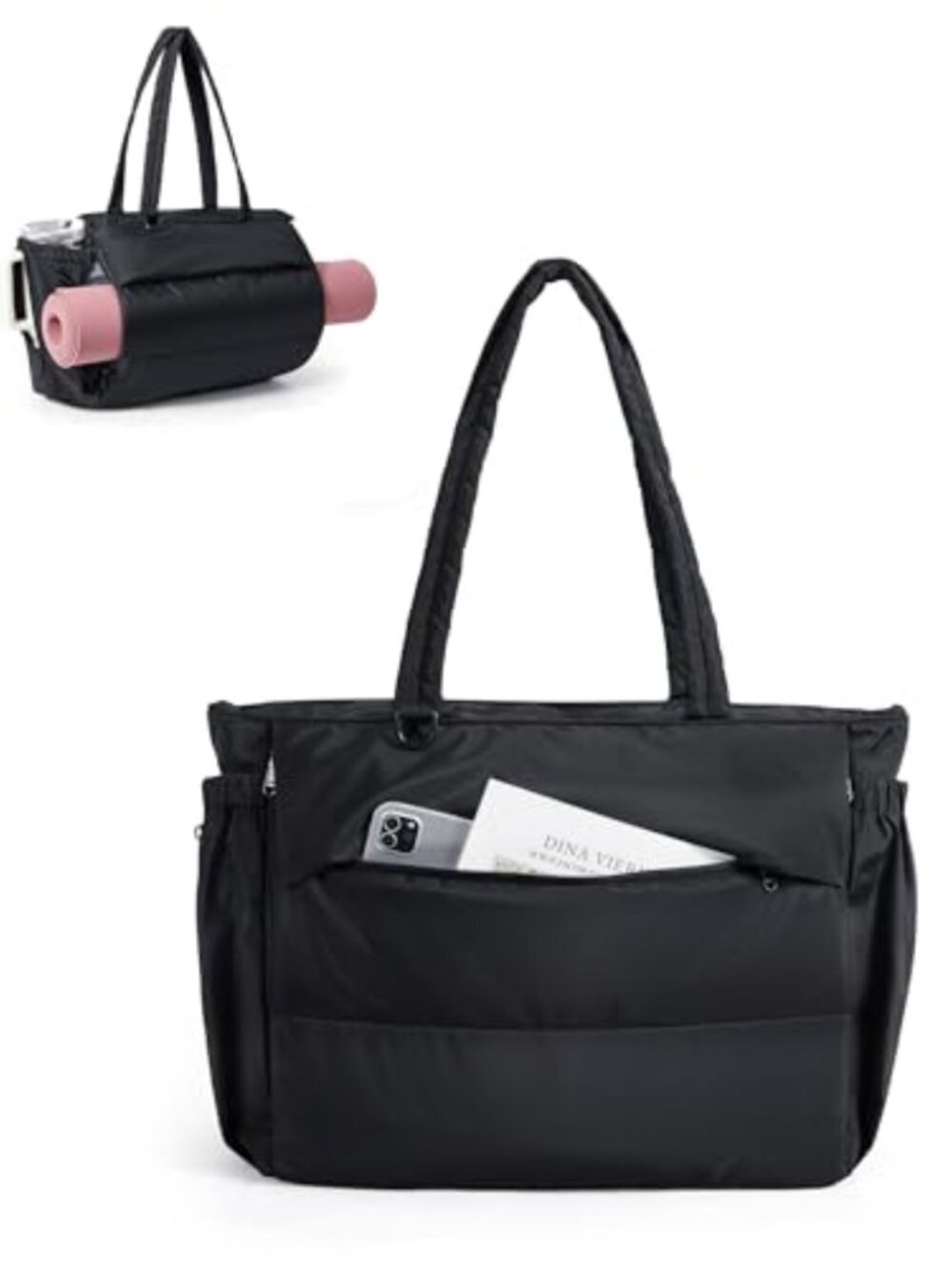Quilted Yoga Mat Bag for Women, Nylon Gym Tote with Bottle Pocket, 22L